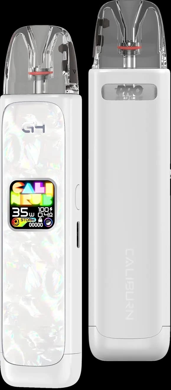 UWELL Caliburn G4, Seashell White colourway, front and back isolated product shot